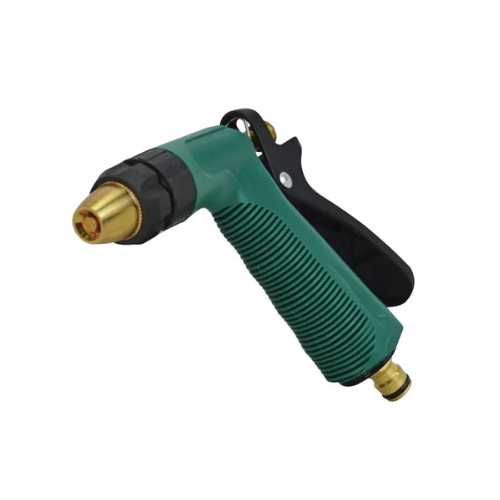 The Faithfull garden hand spray gun has a brass nozzle, zinc alloy body and solid brass hose connector. Green and black spray gun with gold nozzle on a white background