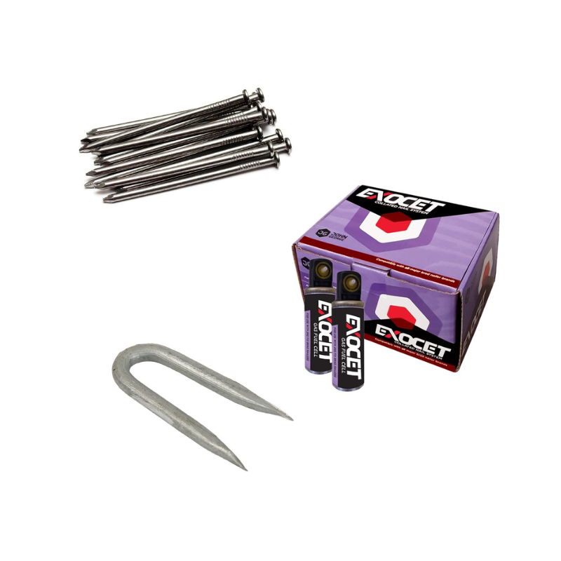 Variety of nails including exocet collated nails, masonry nails, timber nails, copper nails and staples