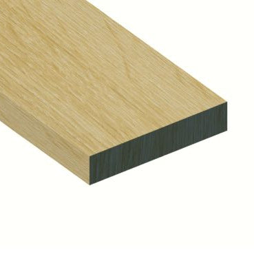A close-up of a light oak wood profile or trim piece showing its natural wood grain surface and dark backing edge, isolated on a white background.