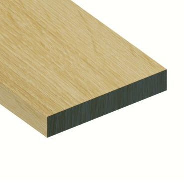 A close-up of a rectangular wood panel or trim piece with a light natural oak grain finish and a dark backing edge, shown on a plain white background.