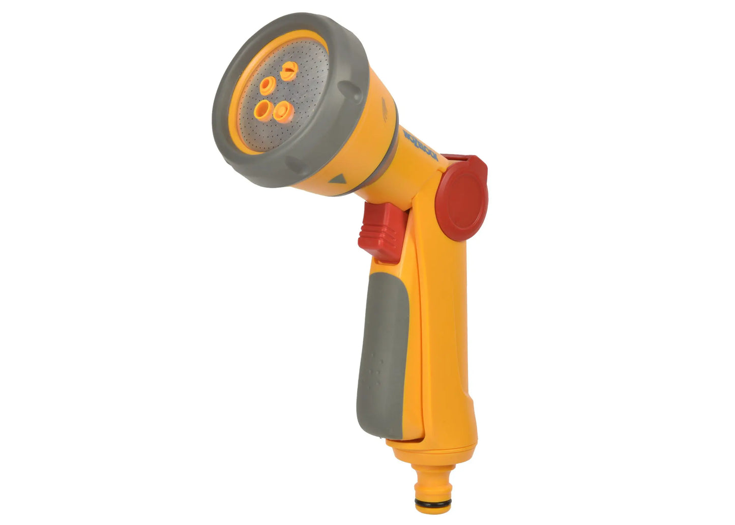 The Multi Spray Soft Touch Gun offers unparalleled comfort and water-saving efficiency for your garden watering needs. Yellow and gray garden hose nozzle on a white background