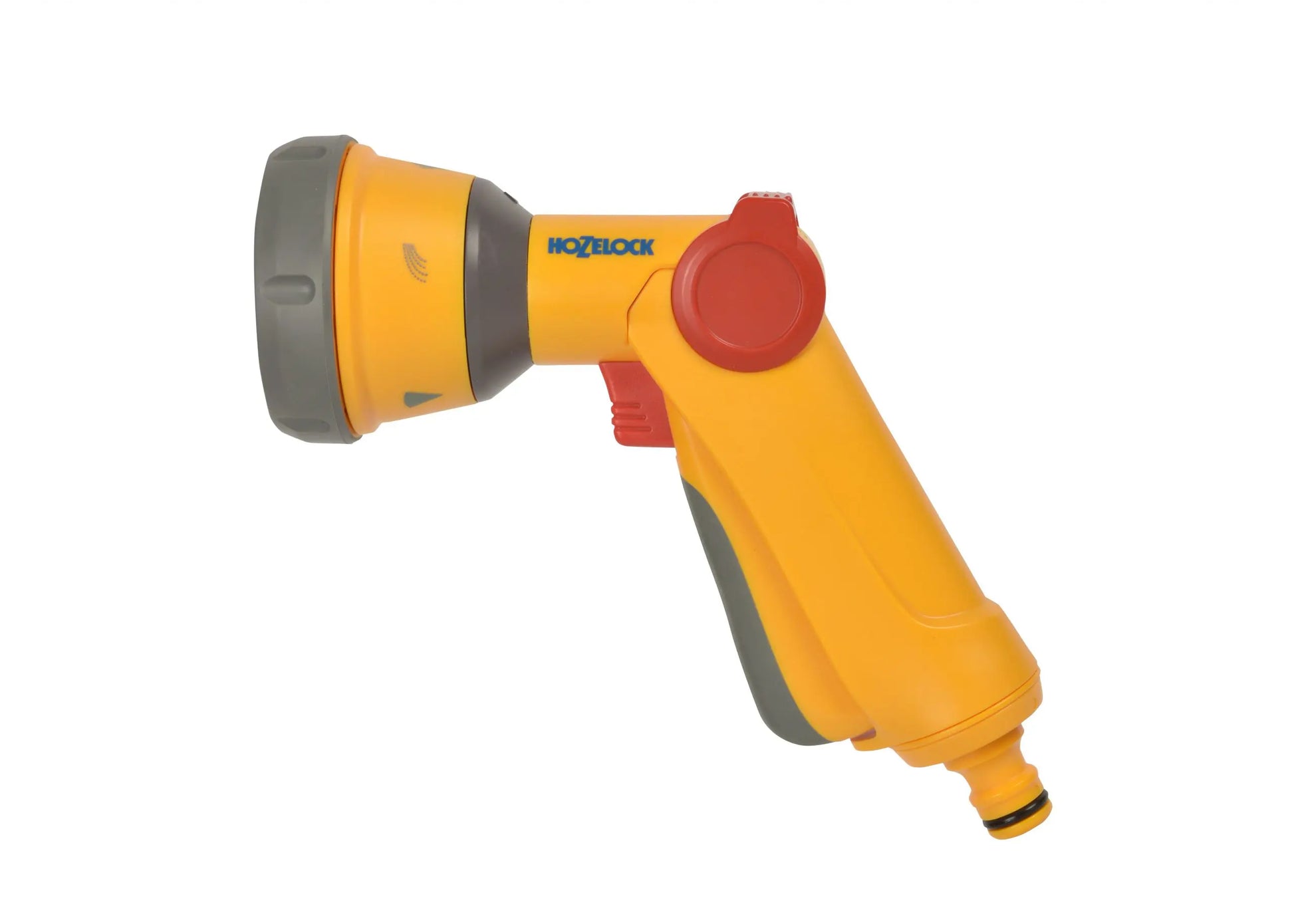 The Multi Spray Soft Touch Gun offers unparalleled comfort and water-saving efficiency for your garden watering needs. Yellow and gray spray gun with red trigger on a white background