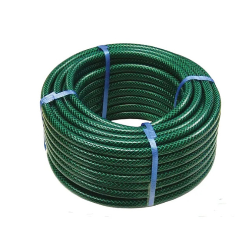 Coiled green garden hose with blue straps on a white background [ Davies DIY & Builders Merchants ]