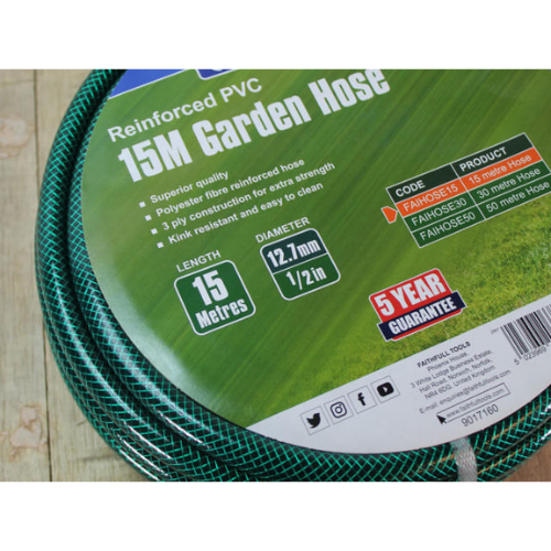 Faithfull Green garden hose with packaging displaying product details on a wooden surface [ Davies DIY & Builders Merchants ]