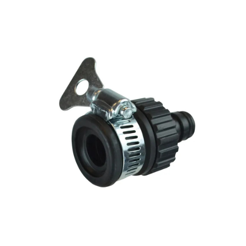Faithfull Plastic Universal Tap Hose Connector Black and silver hose connector on a white background