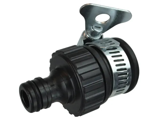 Faithfull Plastic Universal Tap Hose Connector Black and silver mechanical component on a white background