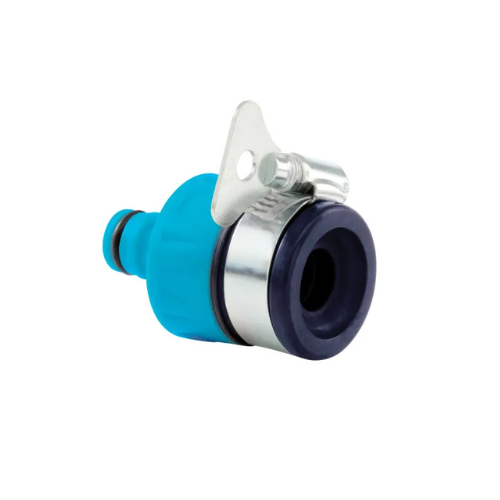 The Flopro Round Tap Connector is for connecting a round or oval tap with a hose, max. diameter 17mm. Blue and silver fitting on a white background