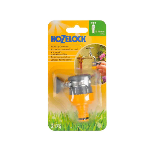 Hozelock round tap connector on a clear background