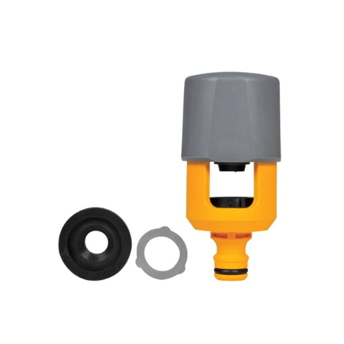 Hozelock Mixer Tap Connector, Yellow and grey garden fitting with black and gray washers on a white background [ Davies DIY & Builders Supplies ]