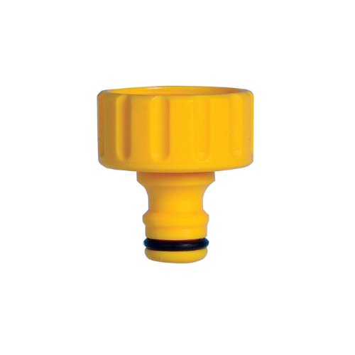 Yellow garden hose fitting on a white background