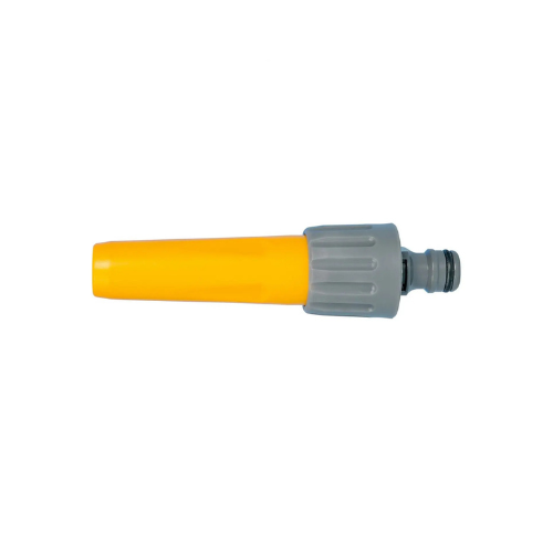 The Hozelock Hose Nozzle is an adjustable spray fitting designed for quick and efficient watering, ideal for a variety of garden tasks. Yellow and gray hose nozzle on a white background