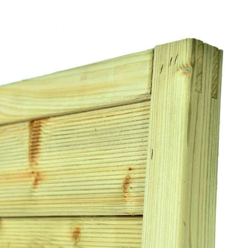 Close-up of Milano contemporary fence panel showing pressure treated timber frame and horizontal planed softwood boards.