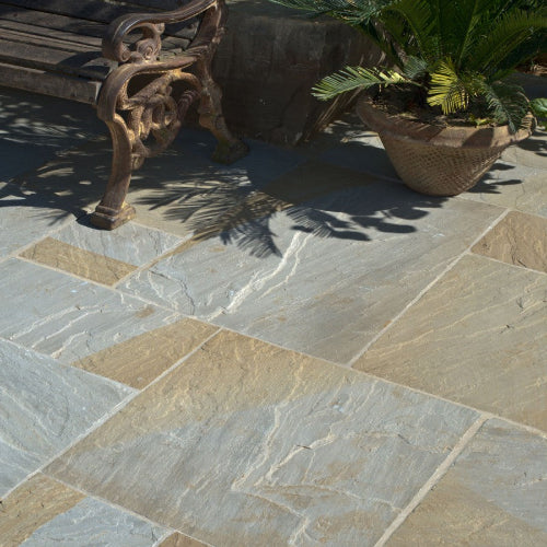 Two Tone natural sandstone paving slabs featuring blue-grey and warm buff shades with natural veining and a textured finish.